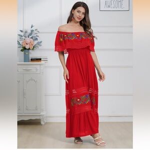ABEHIK Traditional Mexican Latino Red Maxi Dress